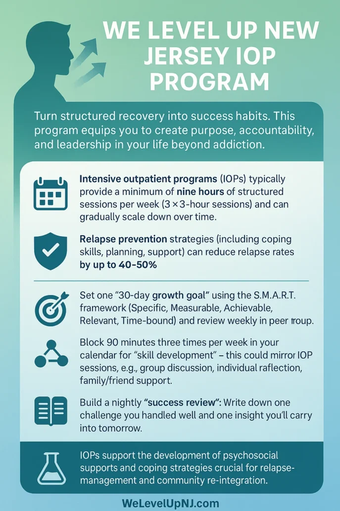 The We Level Up New Jersey IOP Program offers an evidence-based approach for improved Intensive Outpatient Program recovery outcomes. Call intensive outpatient treatment​m hotline today.