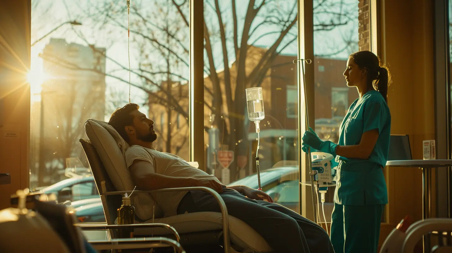 nurse in teal scrubs providing IV hydration therapy to a patient undergoing alcohol detox, in a clinic setting with soft morning light