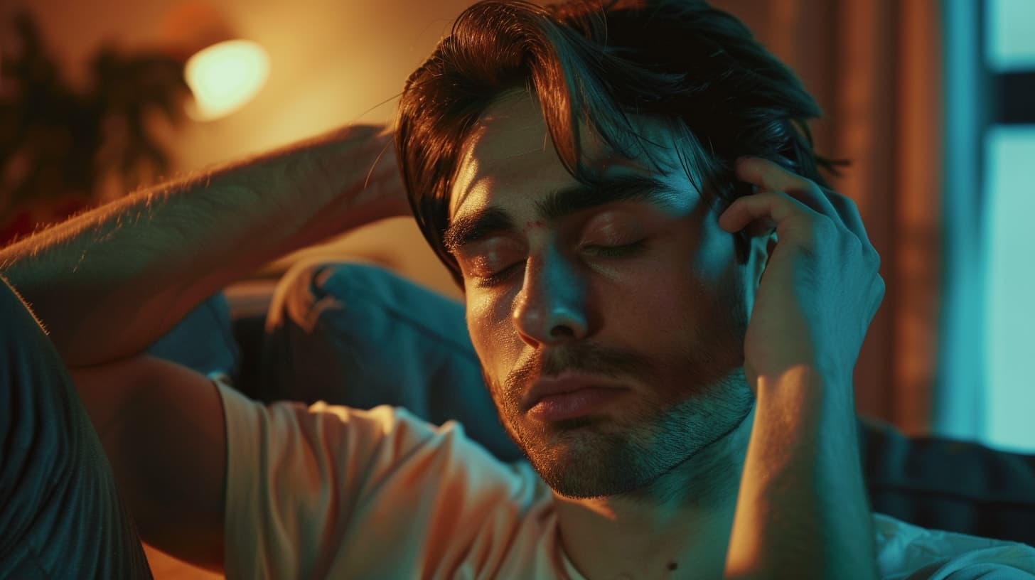 a man sitting on a couch holding his head in discomfort