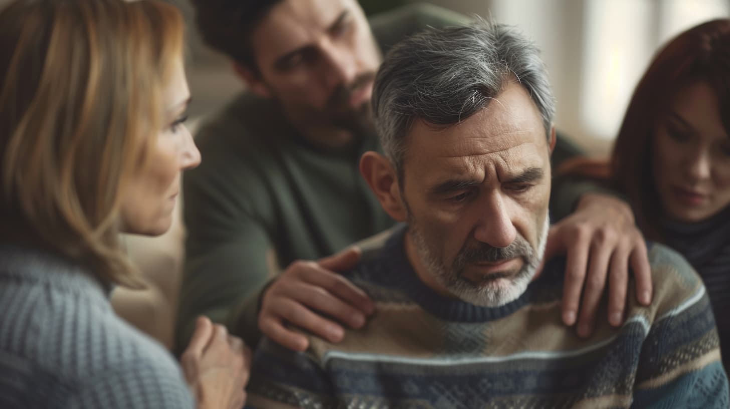 a man struggles with addiction as his family offers empathy and support