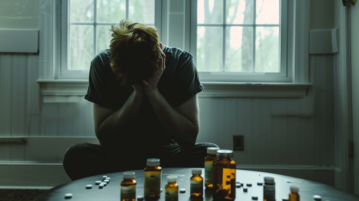 a person sits alone, surrounded by pill bottles, struggling with opiate detox