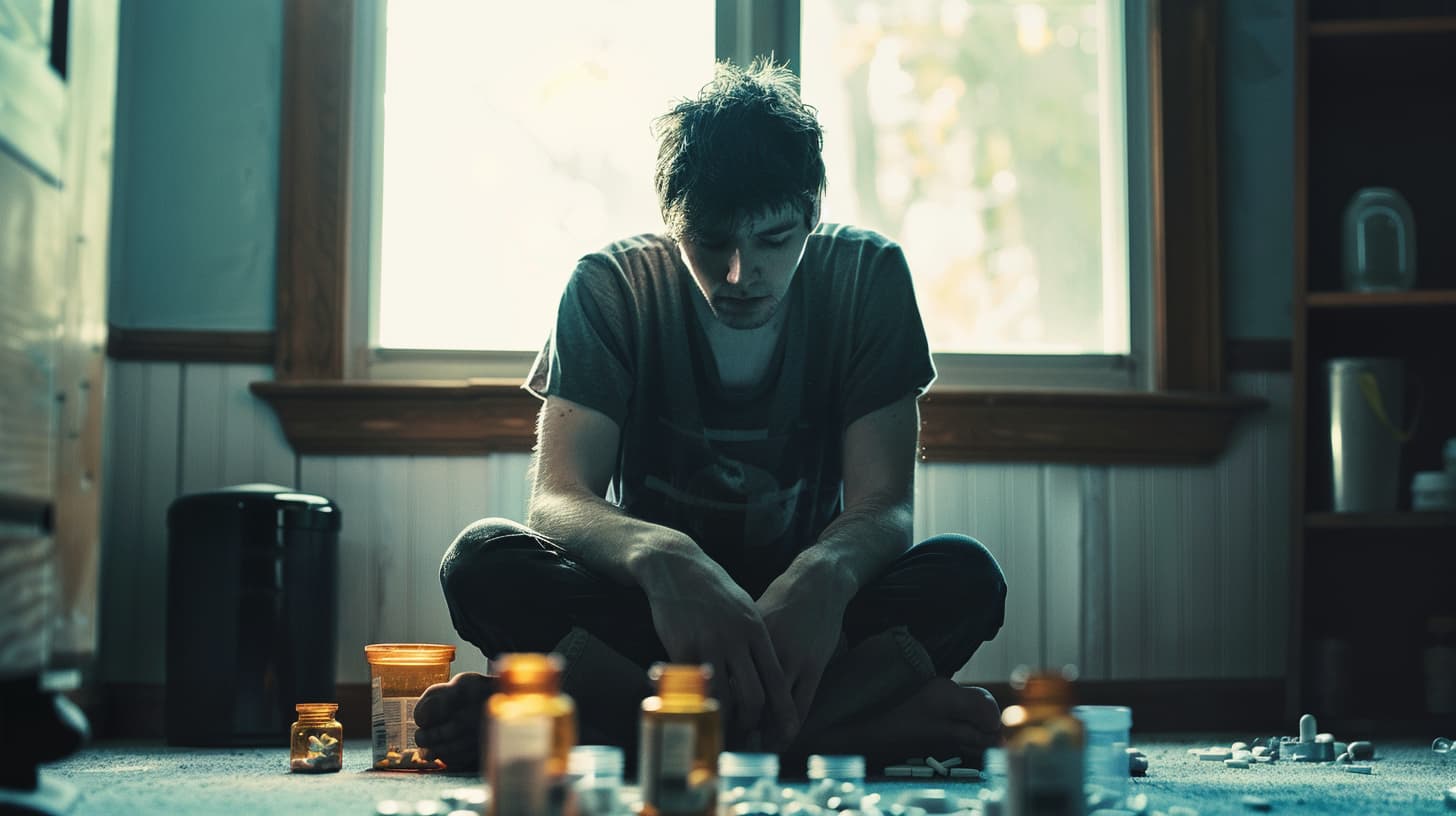 a person struggling with benzodiazepine addiction, sitting alone with scattered pills in dim lighting