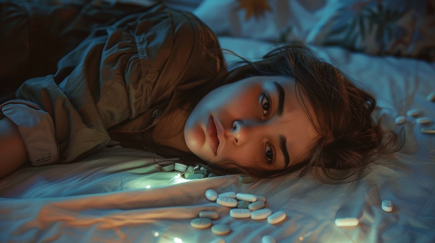 distressed woman lying on a bed, surrounded by scattered prescription pills, lost in deep thought