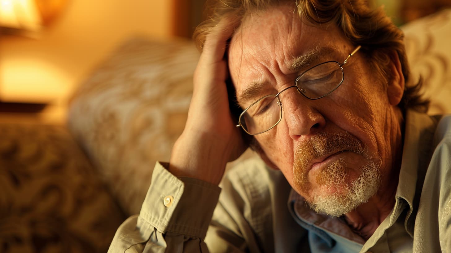 man sitting, holding his head in discomfort, experiencing potential detox side effects