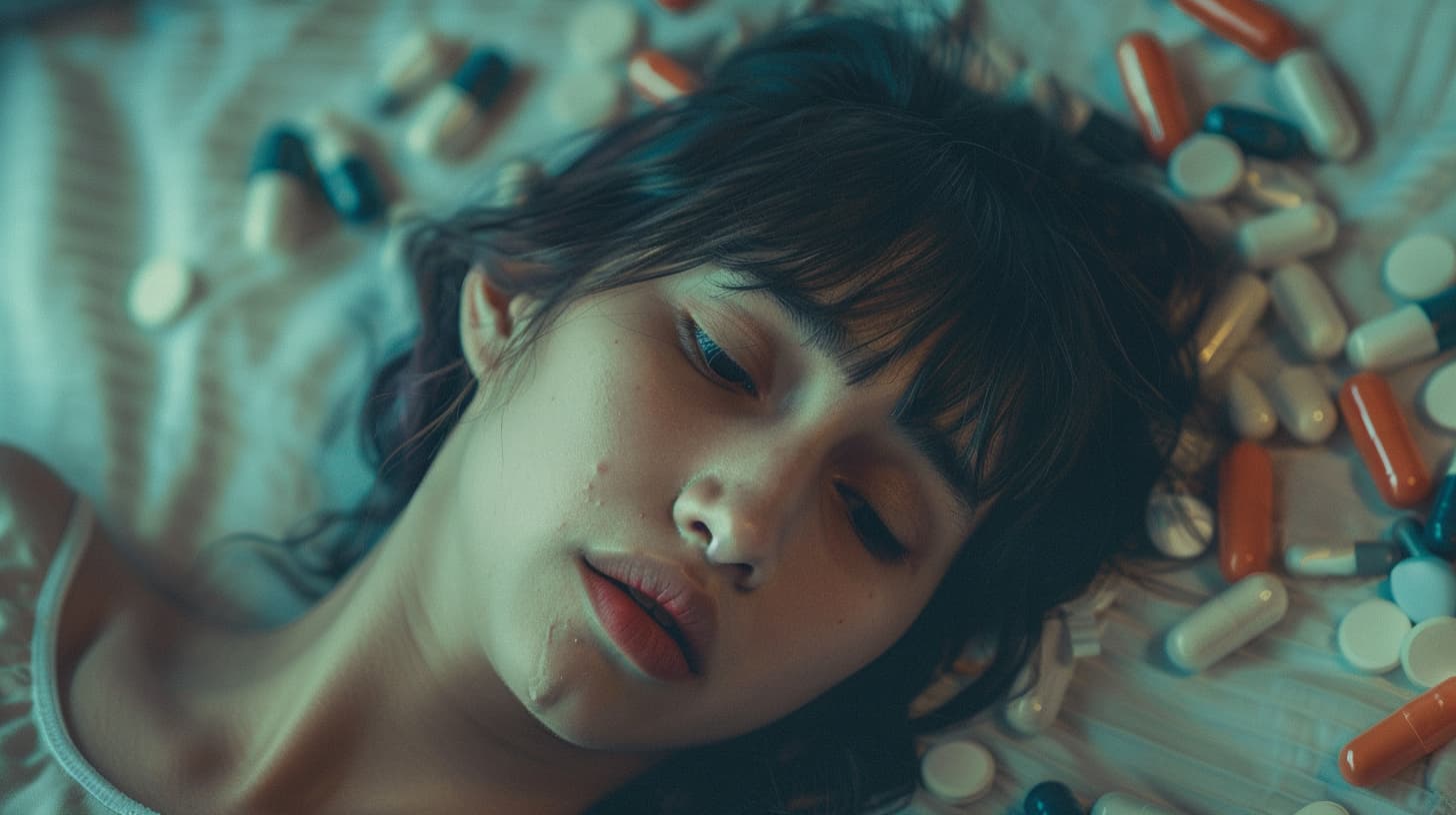 woman lying on a bed looking distressed surrounded by pills
