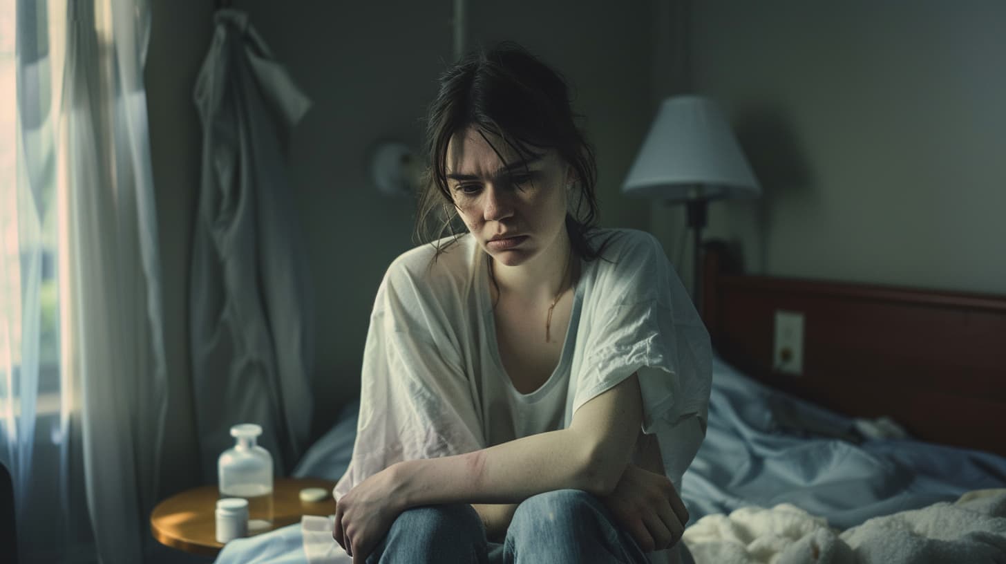 woman struggling with meth addiction sits on a bed, looking distressed