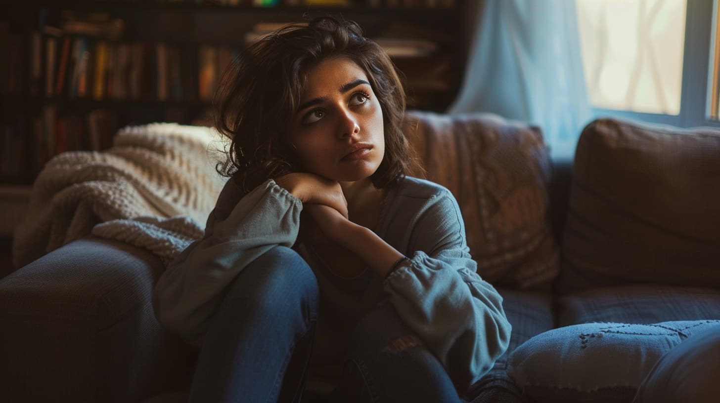 woman on couch, eyes gazing into distance with worried expression