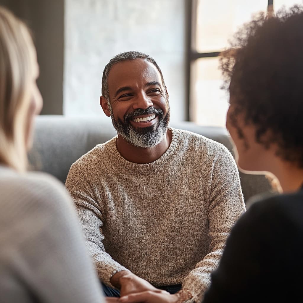 adults socializing in a warm cbt therapy center for addiction treatment.