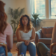 all female support group in a circle, sharing and listening in a warm, welcoming recovery meeting room
