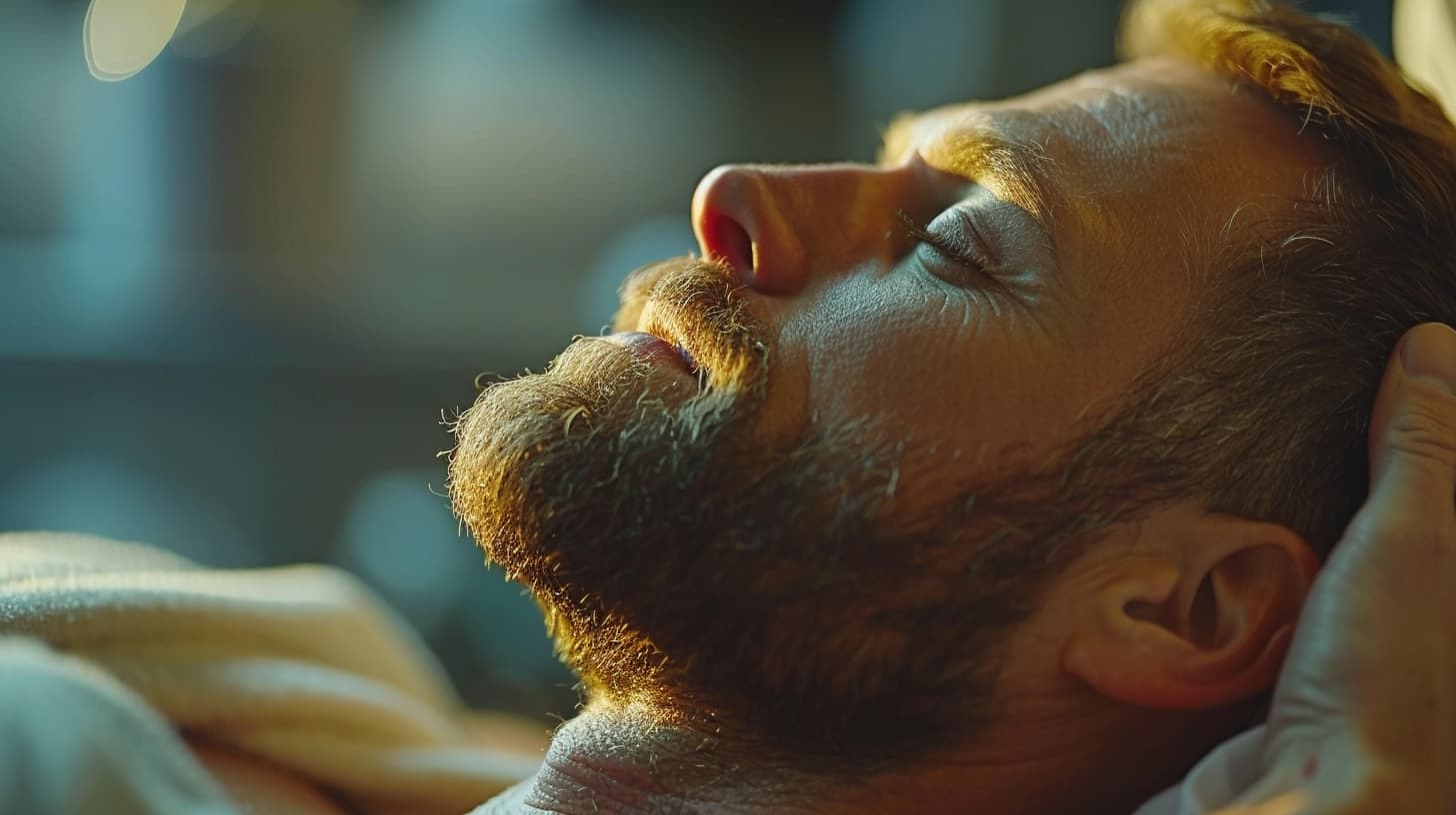 close-up of patient's face during massage therapy for addiction treatment