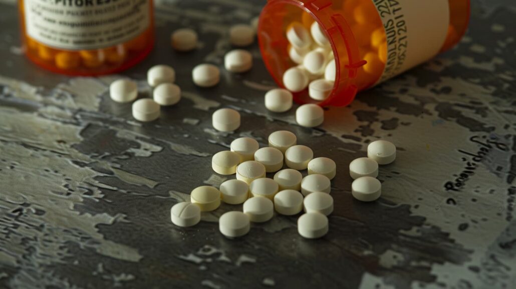 close-up of prescription percocet pills and bottle on table