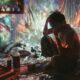 dark room with drug paraphernalia, distressed person, and distorted hallucinogenic visuals