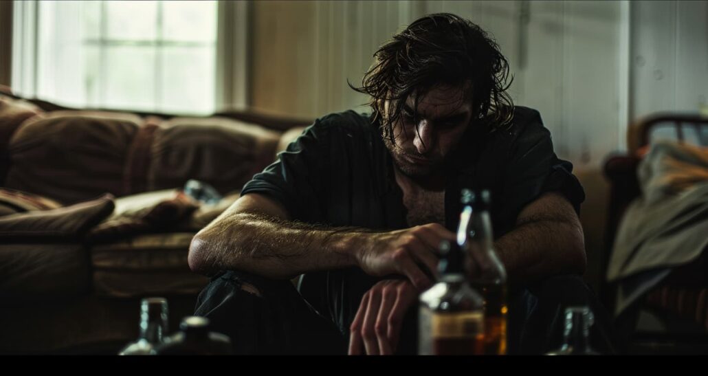 lonely man with alcohol addiction sitting on a worn-out couch