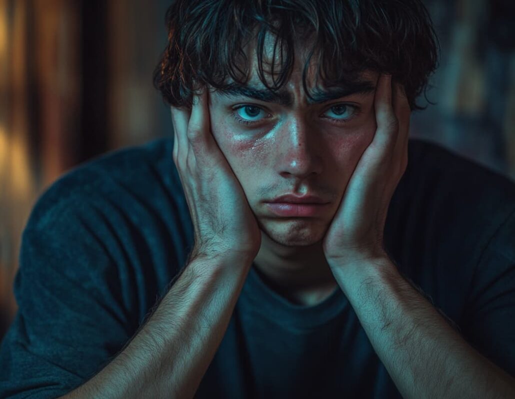a man in a dimly lit room, hands on face, showing emotional exhaustion related to heroin addiction