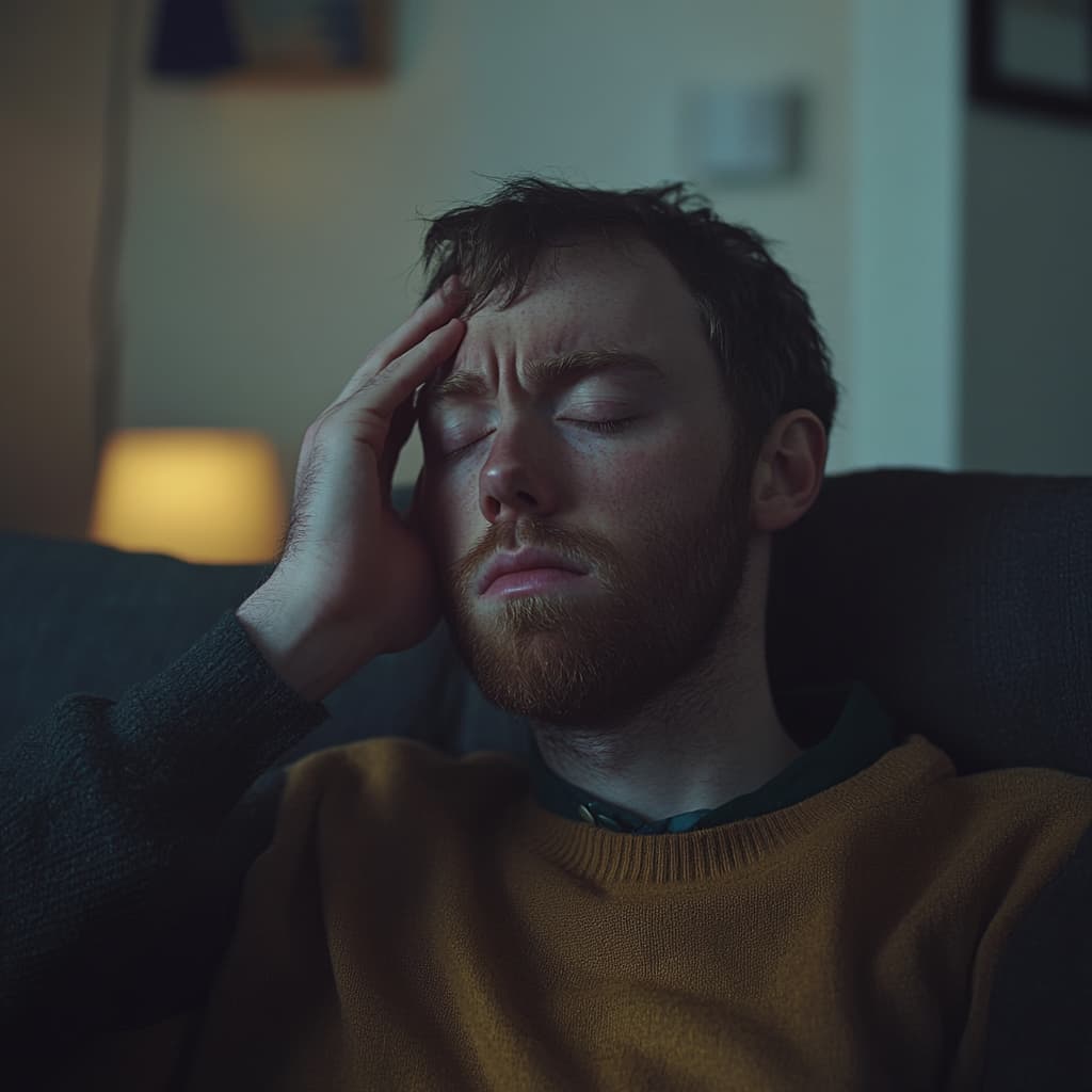 Alcohol and Depression in New Jersey: Dual Diagnosis 3 man on couch, holding head in discomfort after mixing prescription pills with alcohol
