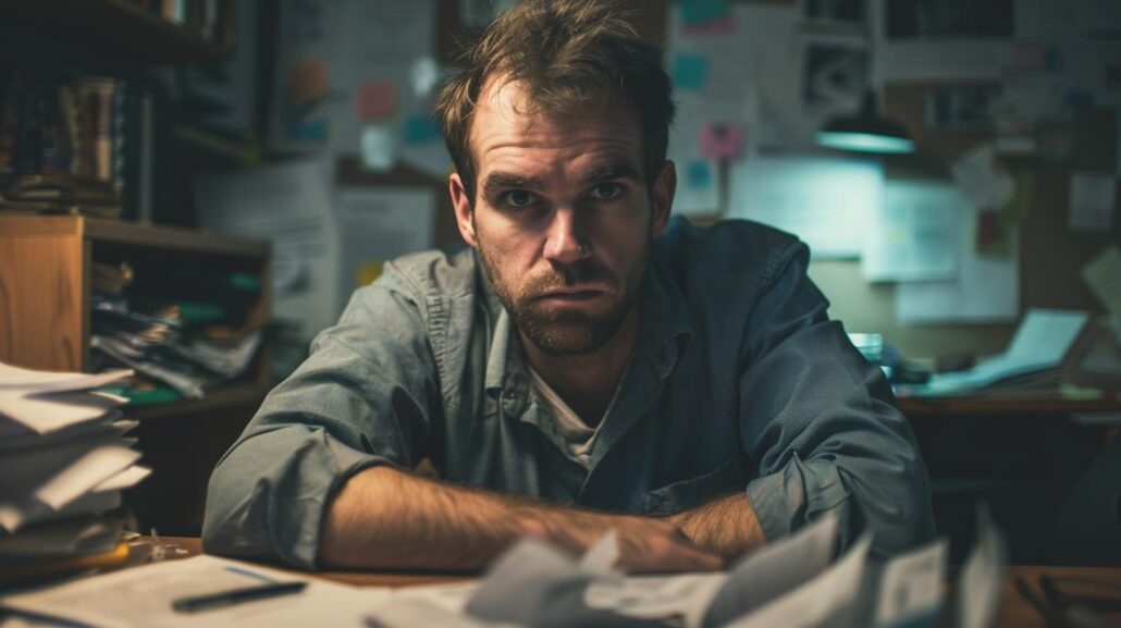 man in office neglecting work duties, distracted and stressed, showing signs of angel dust addiction amid a busy workplace