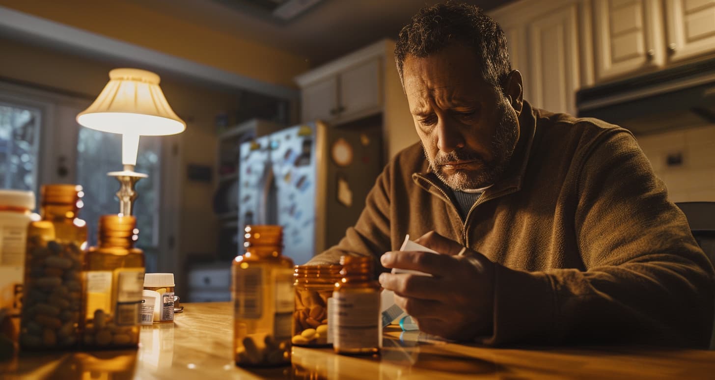 man reading prescription label, concerned about opioid use, seated at kitchen table