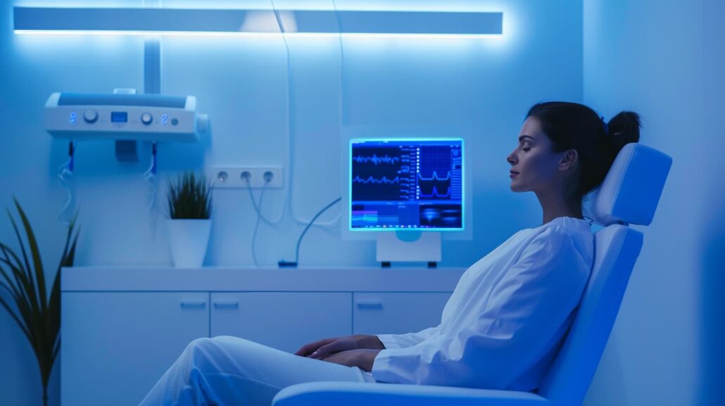 Biofeedback Therapy in New Jersey: Relapse Support 1 patient in a biofeedback session with sensors and digital monitor in a calm, modern therapy room